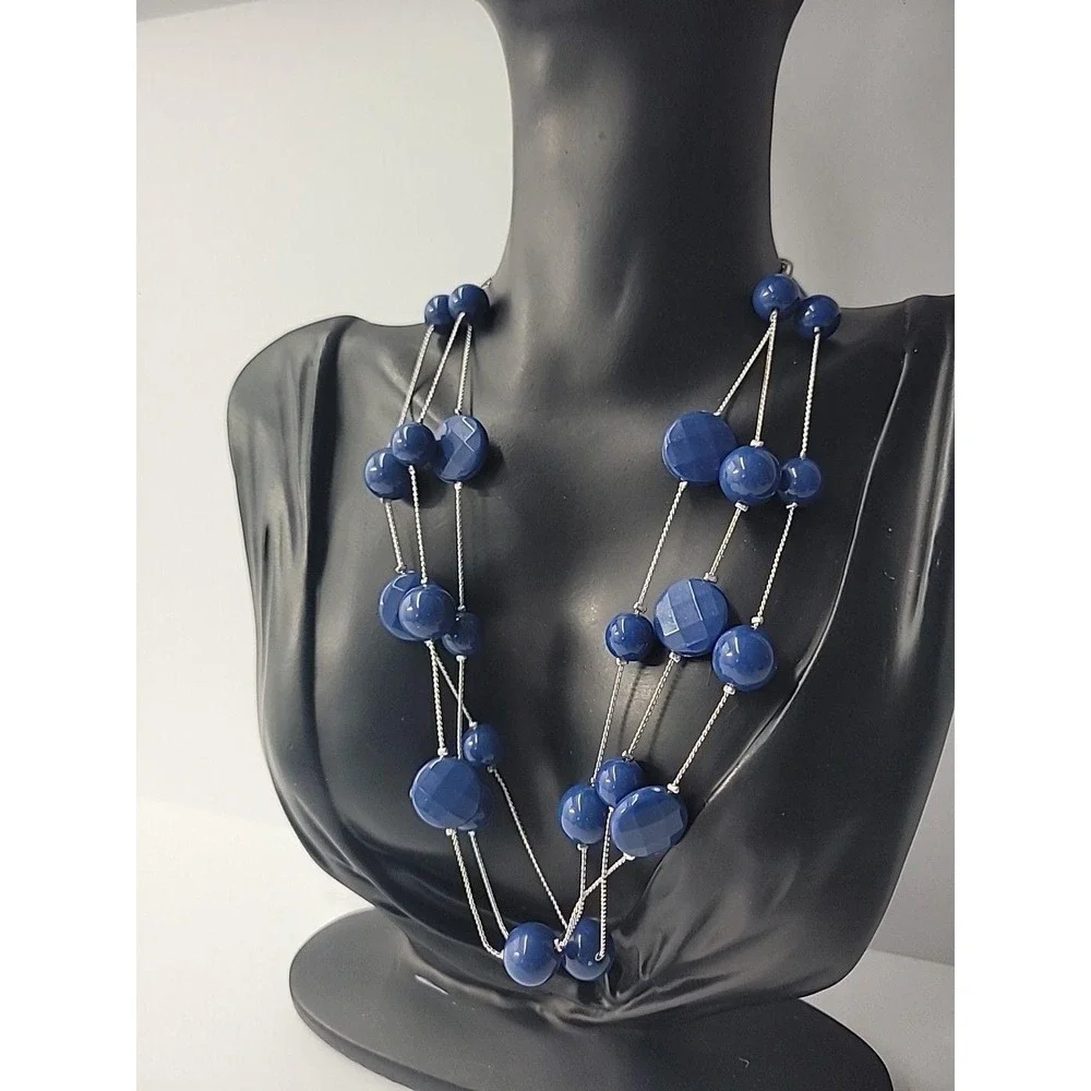 Vintage Blue Bead Multi Strand Silver Tone Necklace‎ Long Layered Statement